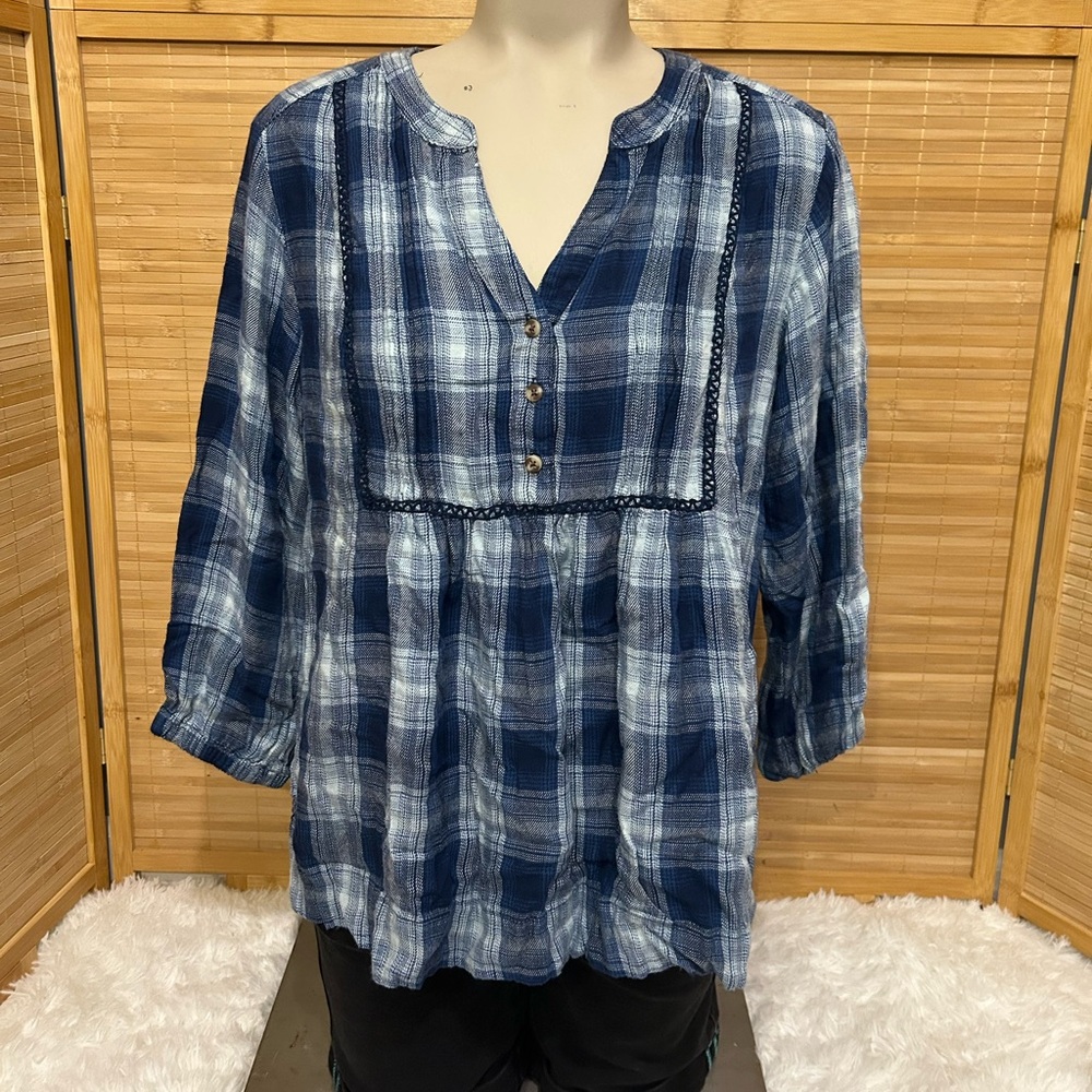 Wrangler Women's blue Plaid Tunic Top shirt blouse 3/4 sleeves babydoll medium